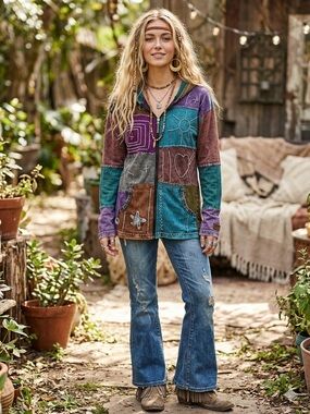 Kyber Outerwear Patchwork Hippie Boho Zip Hoodie Jacket- Multicolor M